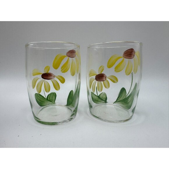 2 Bartlett Collins Gay Fad Handpainted Juice glases Daisies Yellow Brown - Picture 3 of 5